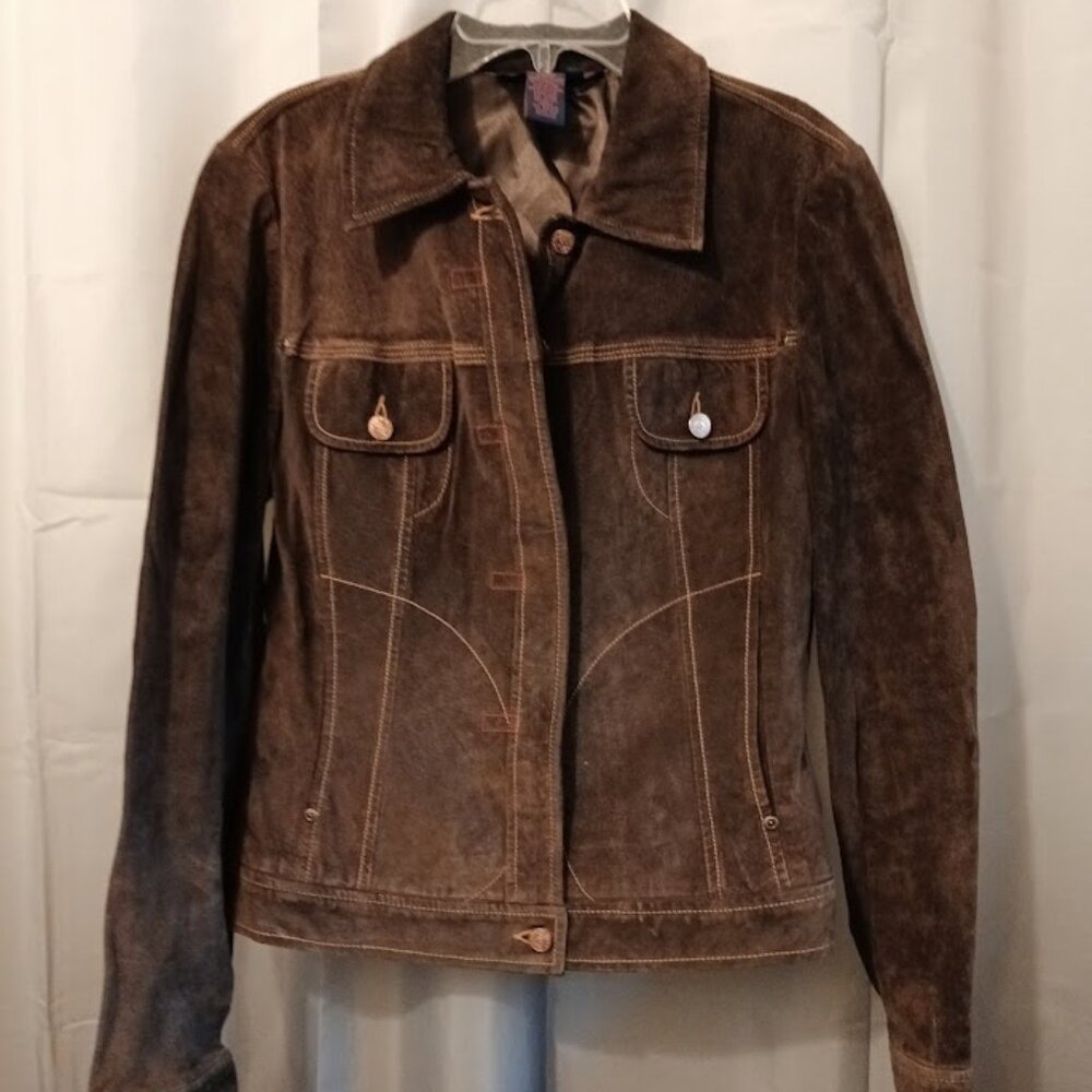 BCBG MAXAZRIA JEAN Suede Leather Coat Jacket L Dark Brown Trucker style  western